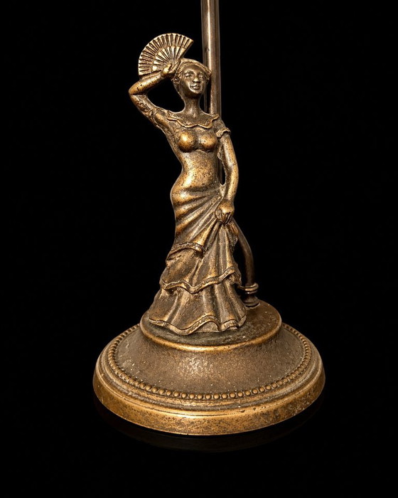 Italiaanse Art Nouveau-stijl Tafellamp met handgeschilderd glas, ca. 1950–1960 Vintage – Tafellampen, Brass (photo 4 of 8)