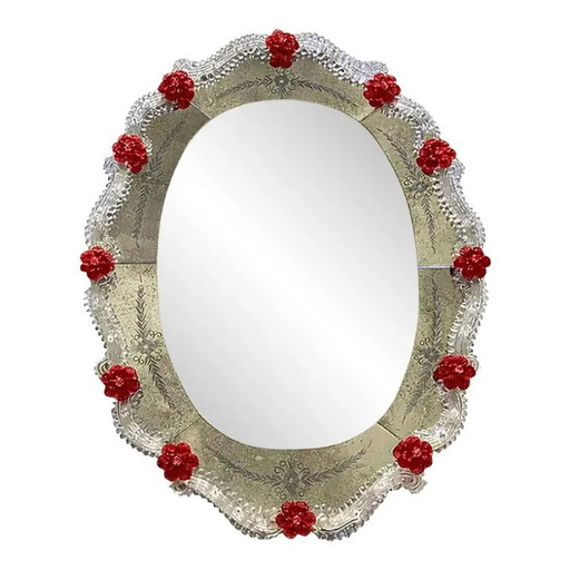 Venetian Murano Glass Oval Red Floral Wall Mirror – Hand-Carved Italian Art