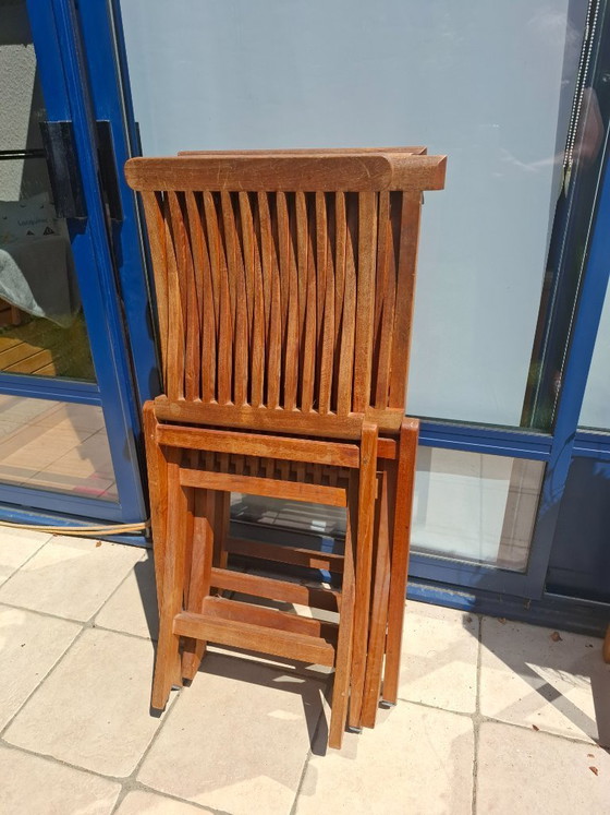 Image 1 of Lot de 4 chaises de jardin pliantes en Teck massif + 4 coussins de chaises à dossier offerts