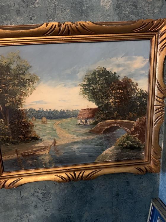 Old French School Oil Painting – River Landscape – Signed – Art Deco Frame 60 x 51 cm – Paintings & Drawings (photo 9 of 14)
