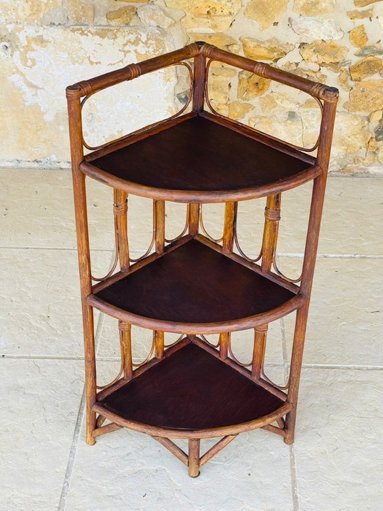Image 1 of Mid-Century Bamboo & Rattan 3-Tier Corner Shelf, 1960s