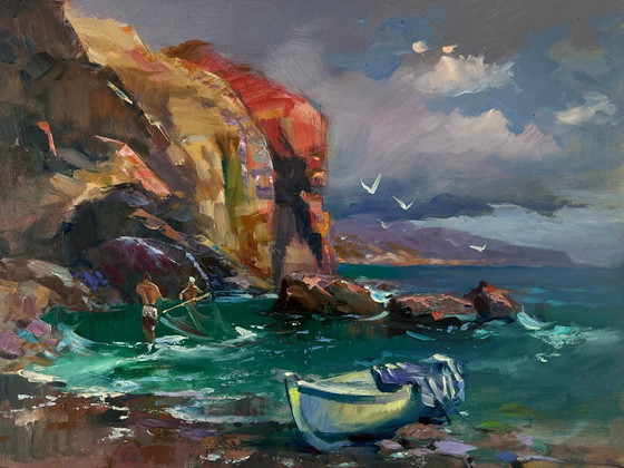 Image 1 of Original Oil Painting Evening Coastal Landscape Fishermen pull their nets into the sea