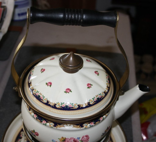 ASTA Fissler enamel set teapot, teapot warmer, tray W. Germany