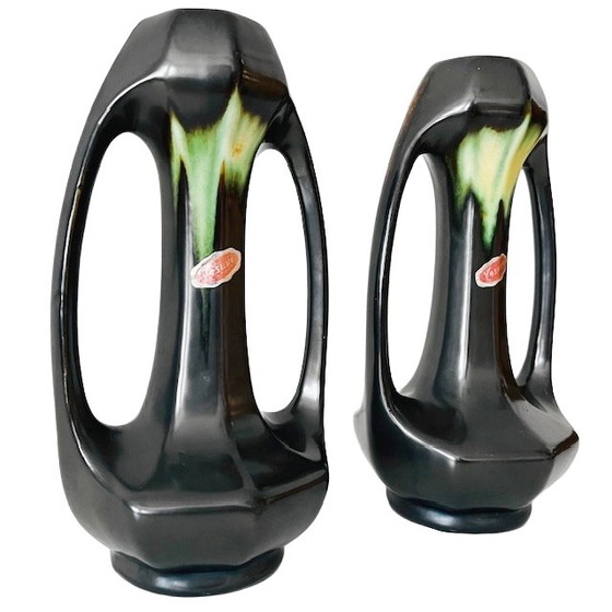 Image 1 of Antique Thulin Art Nouveau vases, matte black and green ceramic, 1910s