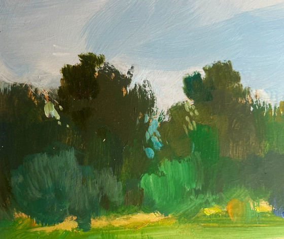 Image 1 of Peinture à l'huile originale représentant un paysage lacustre côtier. Temps chaud idéal pour la pêche.