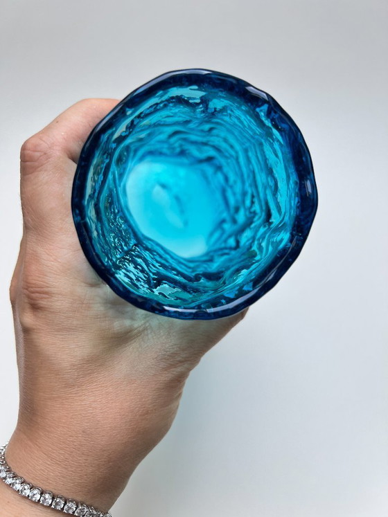 Image 1 of Vintage textured frosted glass vase, mid-century modern look, bark glass, Ingrid Whitefriars Bark turquoise blue