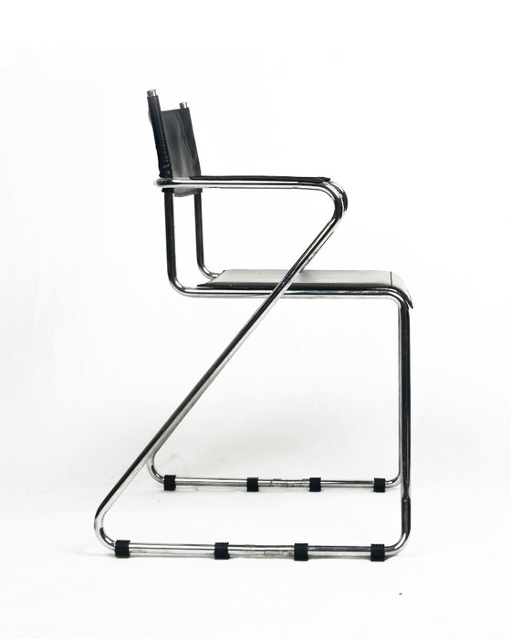 Image 1 of Vintage cantilever fauteuils, set van 4, zwart leer en chroom, jaren 70