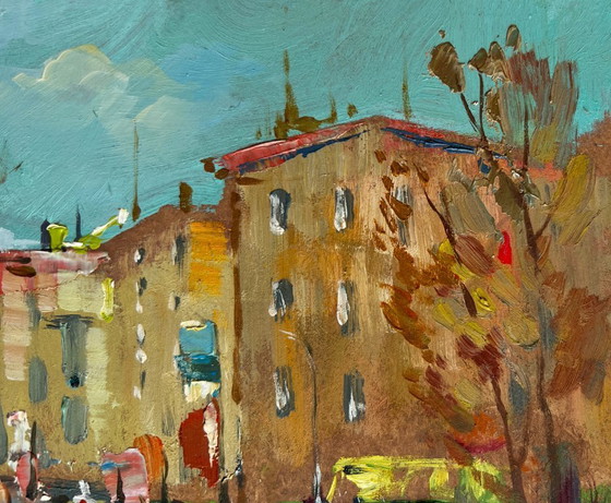 Image 1 of Origineel olieverfschilderij: Herfststadslandschap, gouden herfst in het park