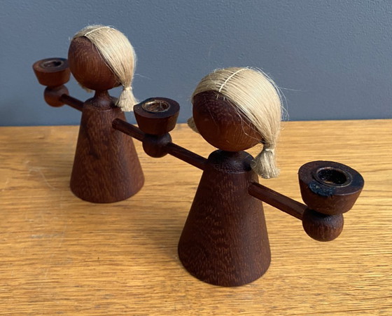 Image 1 of triple candelabro de teca/ velas figurita femenina 1960s