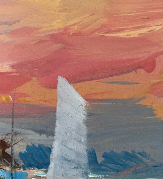 Image 1 of Peinture à l'huile originale, paysage de village au crépuscule, bateau sous les fenêtres de la mer