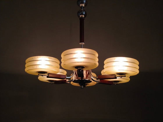 Image 1 of Art Deco Chrome and Walnut Chandelier, Czechoslovakia, 1930s