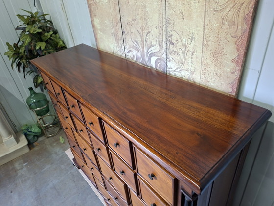 Ancienne commode, armoire d'apothicaire, classeur, style Empire, patinée avec soin. Dimensions : 148 x 45 cm, (photo 5 of 7)