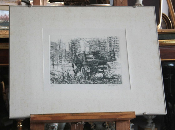 Image 1 of Renzo Vespignani, Italiano (1924 - 2001) - Camión en los suburbios, Año: 1956, Grabado, firmado y numerado a lápiz.