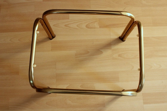 Small brass side table with smoked glass top, Space Age, Metal, Gold, Vintage (photo 7 of 9)