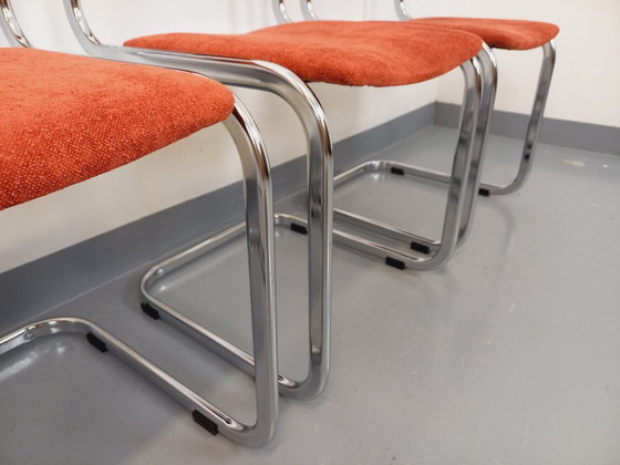Image 1 of Suite of 4 vintage cantilever chairs in chromed metal and fabric from the 70s