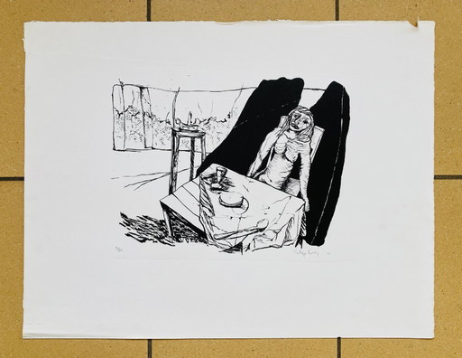 Philippe Hardy – Vintage-Lithografie – Frau am Tisch – 1977