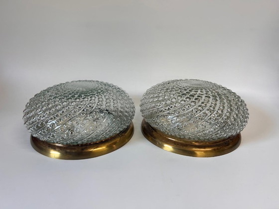 Image 1 of 2x grote vintage plafondlamp helder bubbel glas met goudkleurige rand