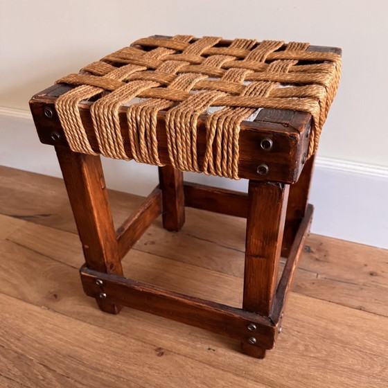 Image 1 of Dutch Brutalist Stool, Oak & Rope – ca. 1960