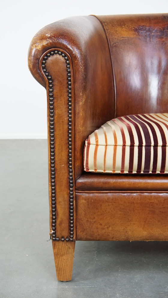 Image 1 of Vintage Cognac-Kleurige Clubfauteuil Gemaakt van Schapenleer