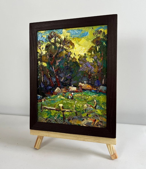 Original Oil Painting Evening Village Landscape Village near the forest
