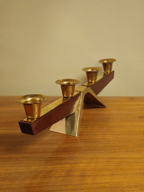 Image 1 of Vintage Teak Teak Wood Brass Candlestick Candle Holder