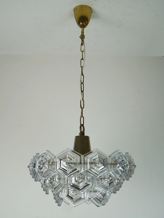 Image 1 of 3-tier mid century PENDANT LIGHT with 27 hexagonal glass panels 1960s 70s chandelier