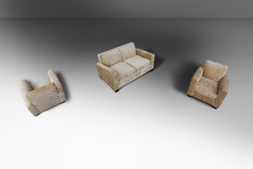 Art Deco Living Set in velvet by Jules Leleu, 1930s, Set of 3
