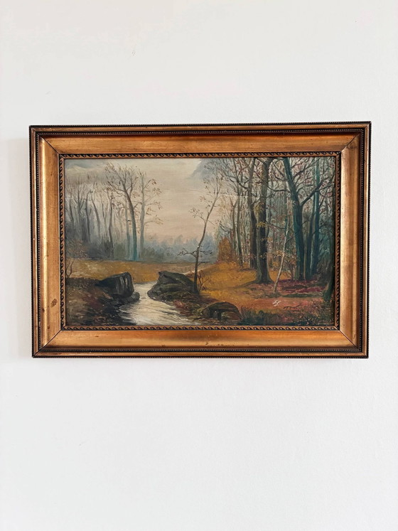 Image 1 of Peinture à l'huile originale ancienne représentant un paysage forestier, vers 1910