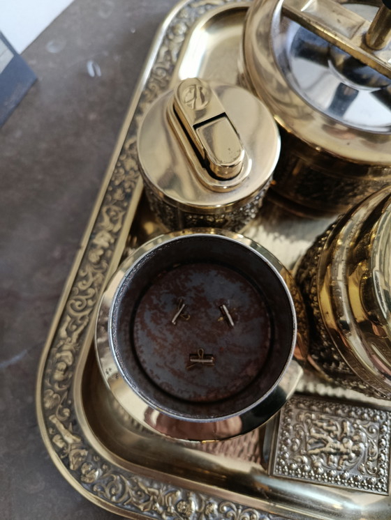 Image 1 of Raucherset Komplett 6Teile!!! Messing Gold Putten Engel Vintage RARITÄT elErhard und Söhne Made in Germany 50er Mid Century