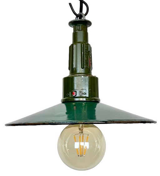 Industrial Petrol Enamel Military Pendant Lamp with Cast Aluminium Top, 1960s