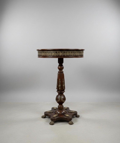 Antique Round Pedestal Side Table with Marquetry & Gilt Bronze Details