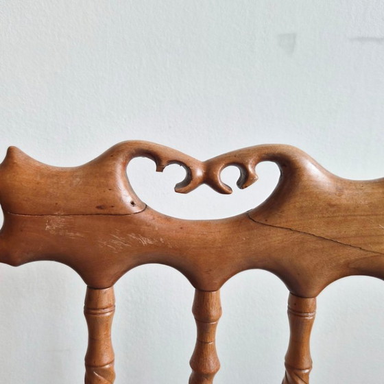 Image 1 of Handcrafted vintage chair from the 1950s in carved wood and velvet, 1950s folk art