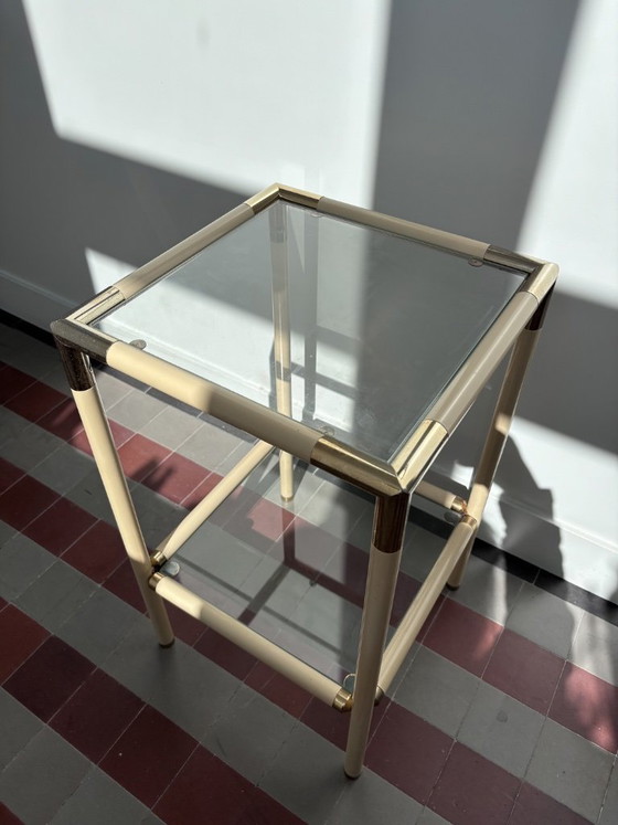 Image 1 of Vintage 1970s Italian Hollywood Regency Side Table by Banci Firenze – Cream & Brass Two-Tier Glass End Table