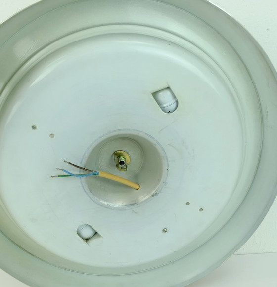 Image 1 of mid century ceiling LAMP flush mount textured glass and aluminum 1970s hollywood regency