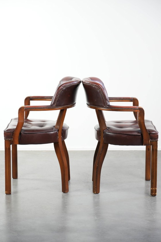 Image 1 of 2 x Donkerbruine rundleren chesterfield eetkamer/ bijzet/ bureaustoel in Engelse stijl