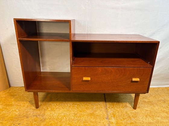 Image 1 of Mid Century Retro Teak Telephone Seat / Media Cabinet (Circa 1960)  A superb mid century vintage teak telephone seat dating from
