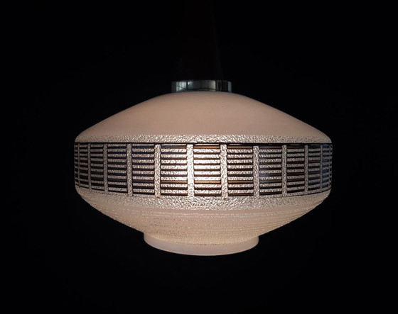 Image 1 of Vintage melkglazen hanglamp met hout, 1960s, mcm lamp, minimalistisch hallamp zwart wit glas