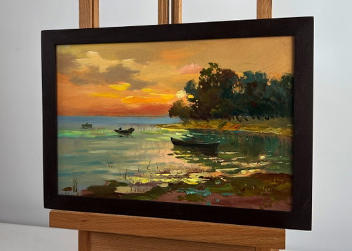 Original Oil Painting Evening Coastal Landscape Orange sunset over the river