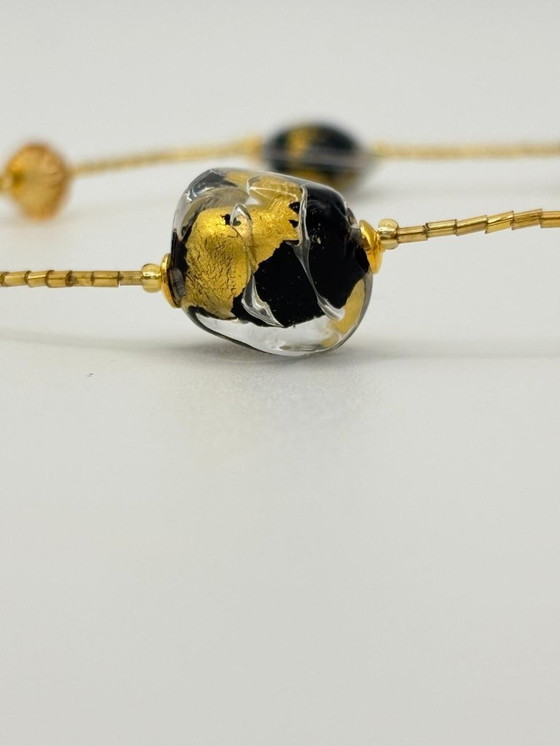 Image 1 of Murano Glass Necklace with Gold Leaf – Black Pearls and Crystal – Venetian Craftsmanship