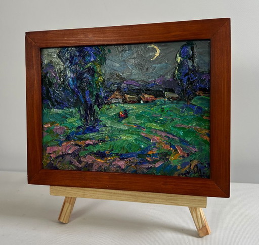 Original Oil Painting Night Village Landscape Light from the moon