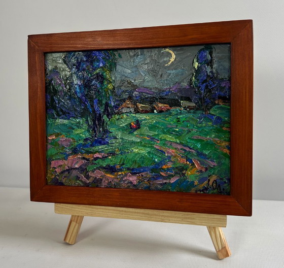 Image 1 of Original Oil Painting Night Village Landscape Light from the moon