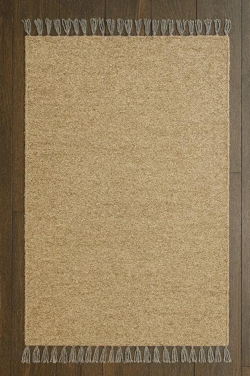 Designer Rug 160x230 - Handmade in Egypt - Egyptian Wool - Beige with Gray Fringes