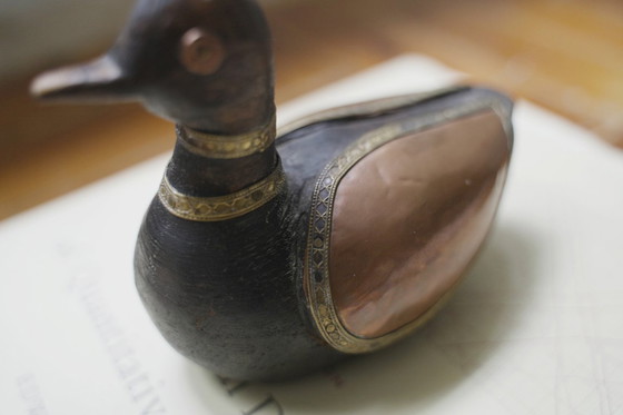 Image 1 of Hand-Carved Wood Duck Figurine with Brass Copper Inlay, Nepalese Tibetan Folk Art