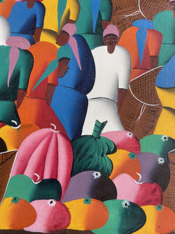 Haitianischer Markt - Acryl auf Leinwand - 70er Jahre – Gemälde & Zeichnungen, Wood, Canvas (photo 3 of 6)