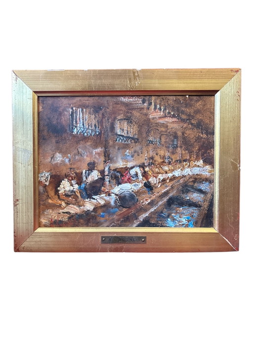 Oil Painting on Cardboard of a Traditional Milanese Scene by Antonio Vettore Cargnel, Early Twentieth Century