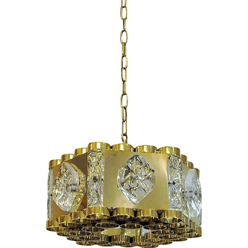 Lampada a sospensione vintage in ottone e vetro di As Metall, Norvegia 1970