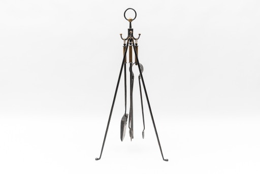 Hand Forged Iron And Brass Tripod Stand With Fireplace Tools, Austria, 1950S