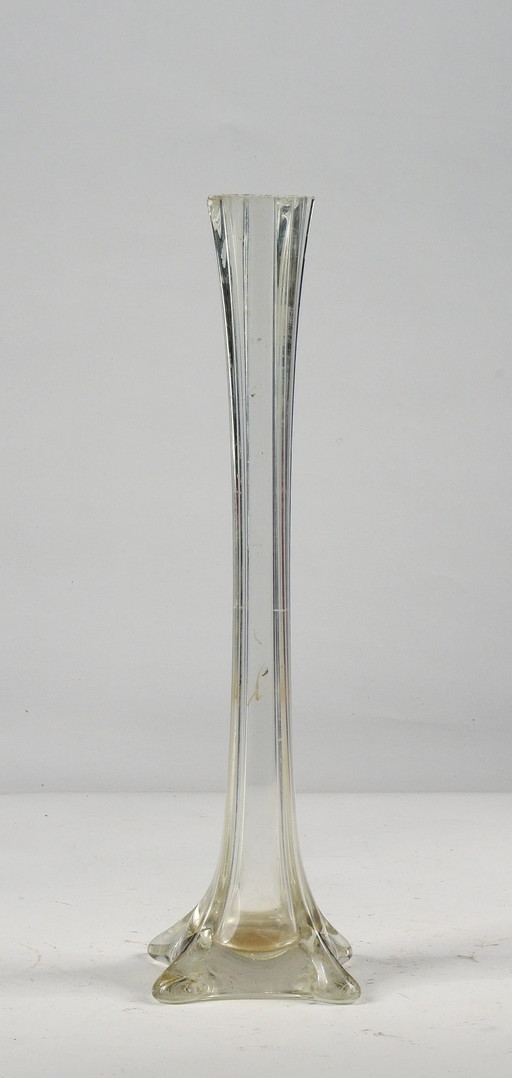 Hohe Vase 40 cm abgeschrägtes Glas quadratischer Sockel Italien 1950