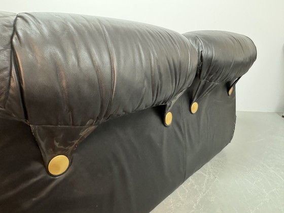 Image 1 of Beautiful Big Black Leather Postmodern Italian Design Space Age 2-Seat Lounge Sofa with Brass Buttons and Playful Cord Lacing.