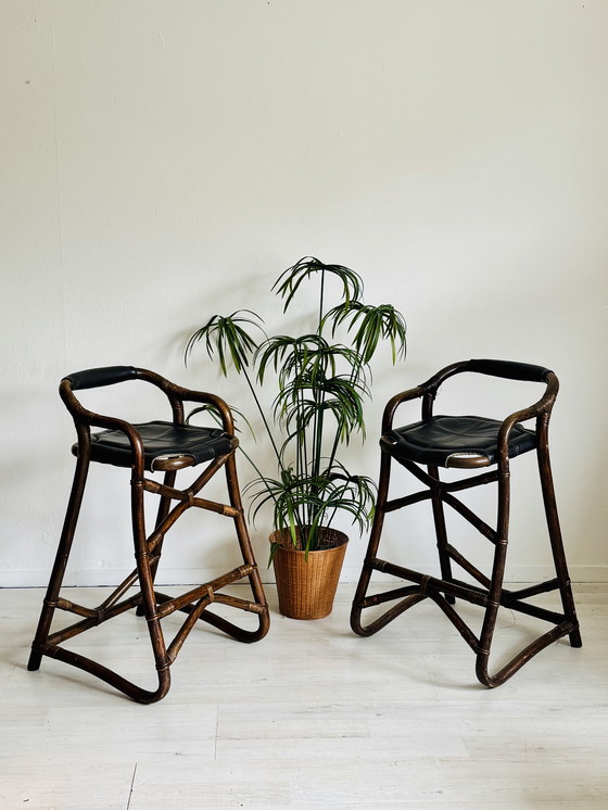Image 1 of Vintage Bamboo Barstools Horsnaes Denmark 1970s